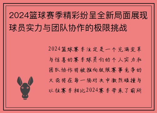 2024篮球赛季精彩纷呈全新局面展现球员实力与团队协作的极限挑战