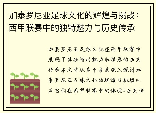 加泰罗尼亚足球文化的辉煌与挑战：西甲联赛中的独特魅力与历史传承