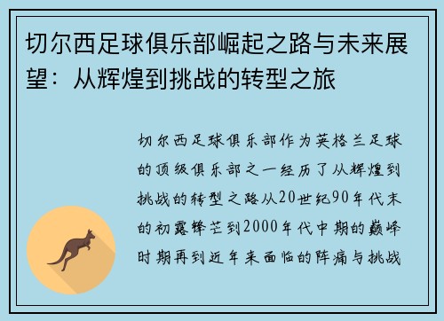 切尔西足球俱乐部崛起之路与未来展望：从辉煌到挑战的转型之旅