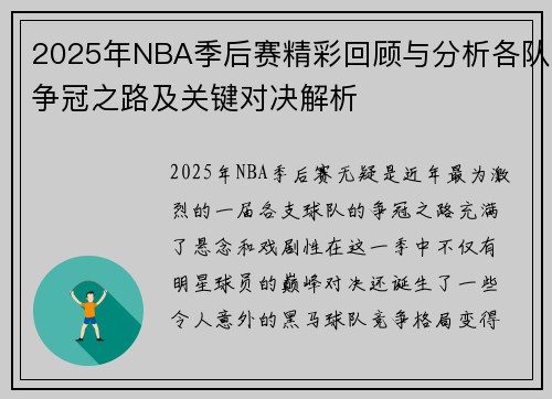 2025年NBA季后赛精彩回顾与分析各队争冠之路及关键对决解析