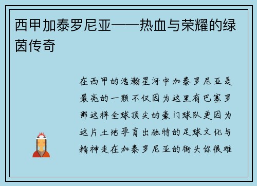 西甲加泰罗尼亚——热血与荣耀的绿茵传奇