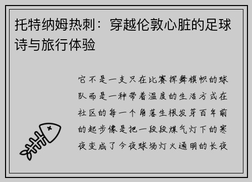 托特纳姆热刺：穿越伦敦心脏的足球诗与旅行体验